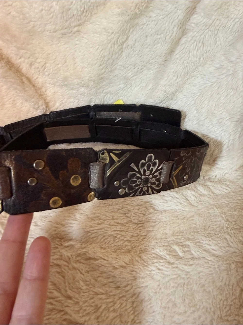 Boho Genuine Leather Embossed Floral Metallic Studded Link Belt Black Steampunk
